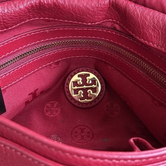 Tory Burch Genuine Leather Red Saddle Bag Gold Tone Chain Woven Shoulder Purse - Picture 13 of 16